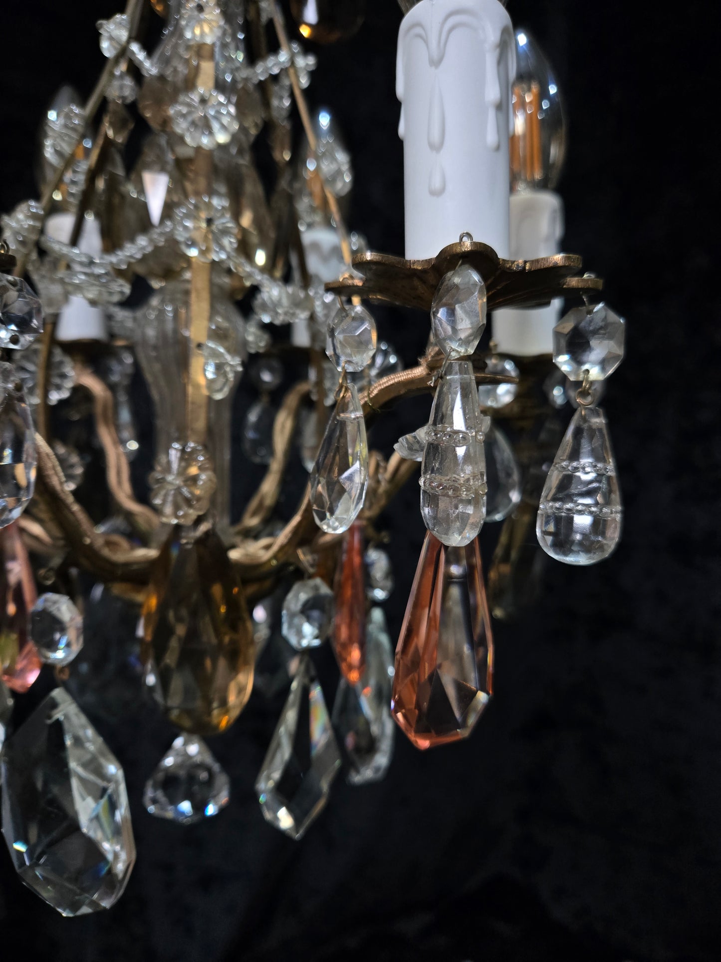 Beautiful Antique Italian 6 Arm Brass Crystal Cage Chandelier Ceiling Light