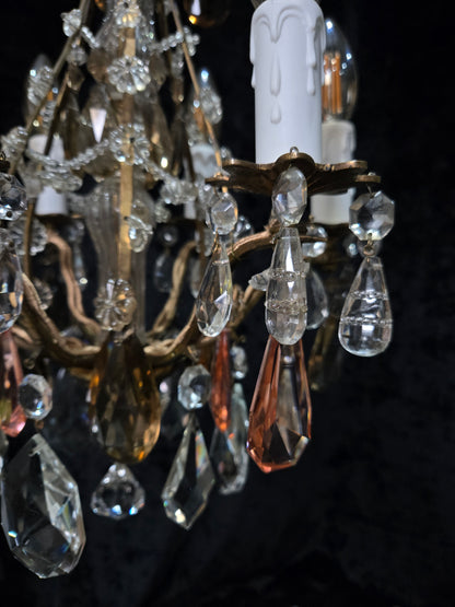 Beautiful Antique Italian 6 Arm Brass Crystal Cage Chandelier Ceiling Light