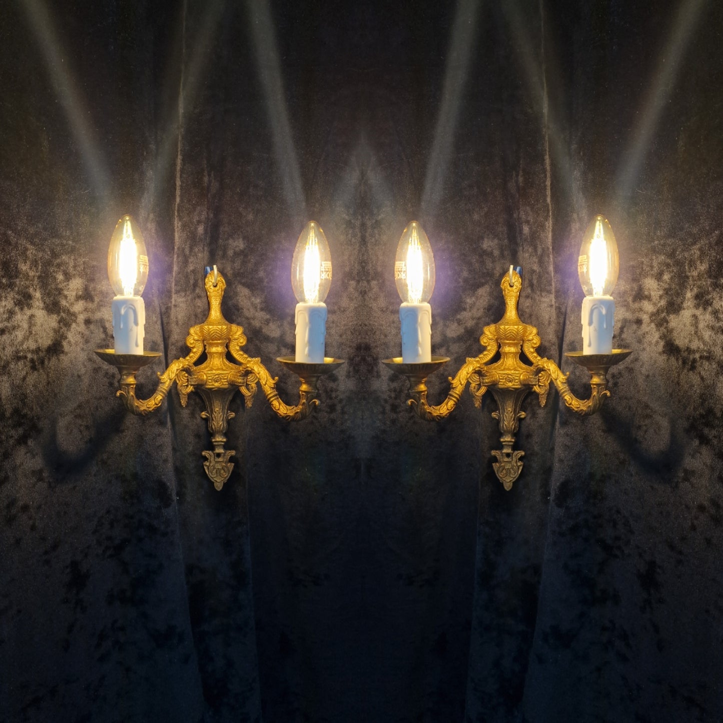 Lovely Pair of Vintage Gilded Spelter 2 Arm Wall Lights Sconces