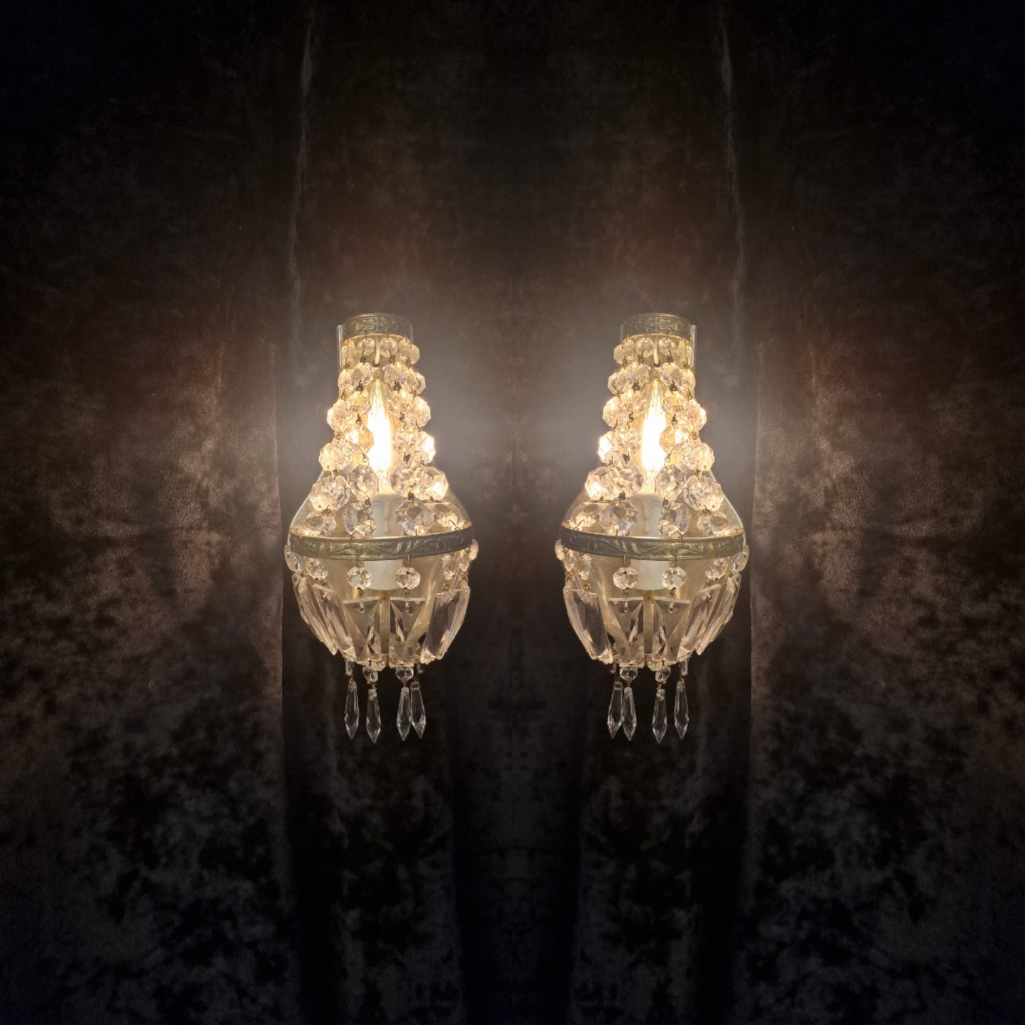 Stunning Pair of Vintage French Brass Crystal Montgolfiere Sconces Wall Lights