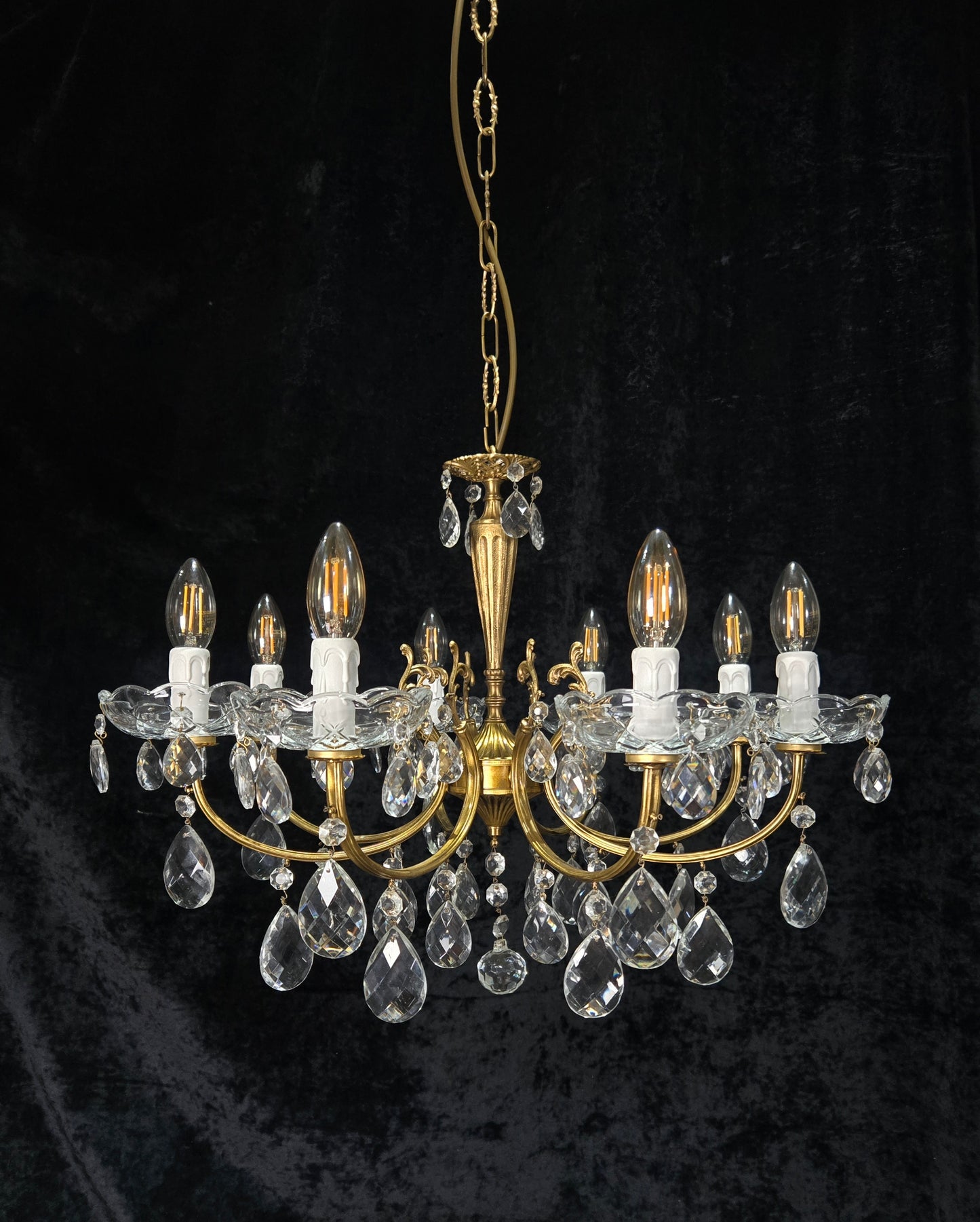 Beautiful Vintage Italian 8 Arm Brass Glass Crystal Chandelier Ceiling Light