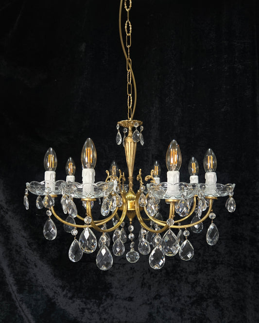 Beautiful Vintage Italian 8 Arm Brass Glass Crystal Chandelier Ceiling Light