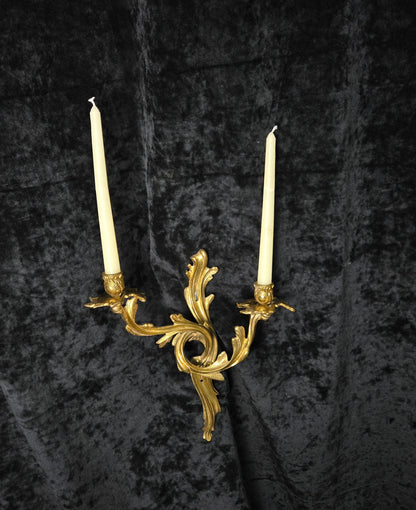 Beautiful Single Antique French Gilt Bronze Brass 2 Arm Leaf Candle Wall Light