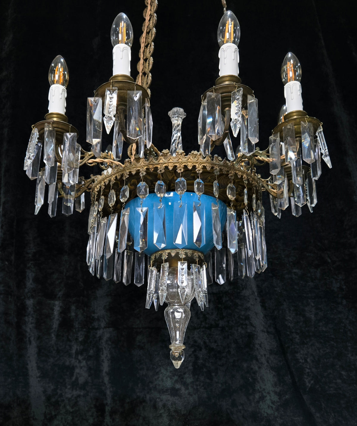Exceptional Antique French Late 1800s 9 Arm Brass Blue Glass Crystal Chandelier