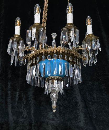 Exceptional Antique French Late 1800s 9 Arm Brass Blue Glass Crystal Chandelier