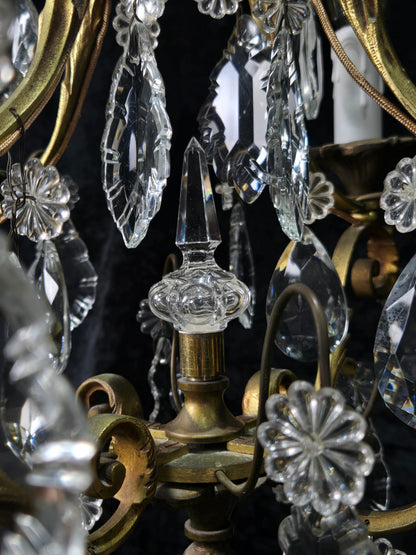 Gorgeous Heavy Antique French 4 Arm Caged Bronze Crystal Chandelier Light