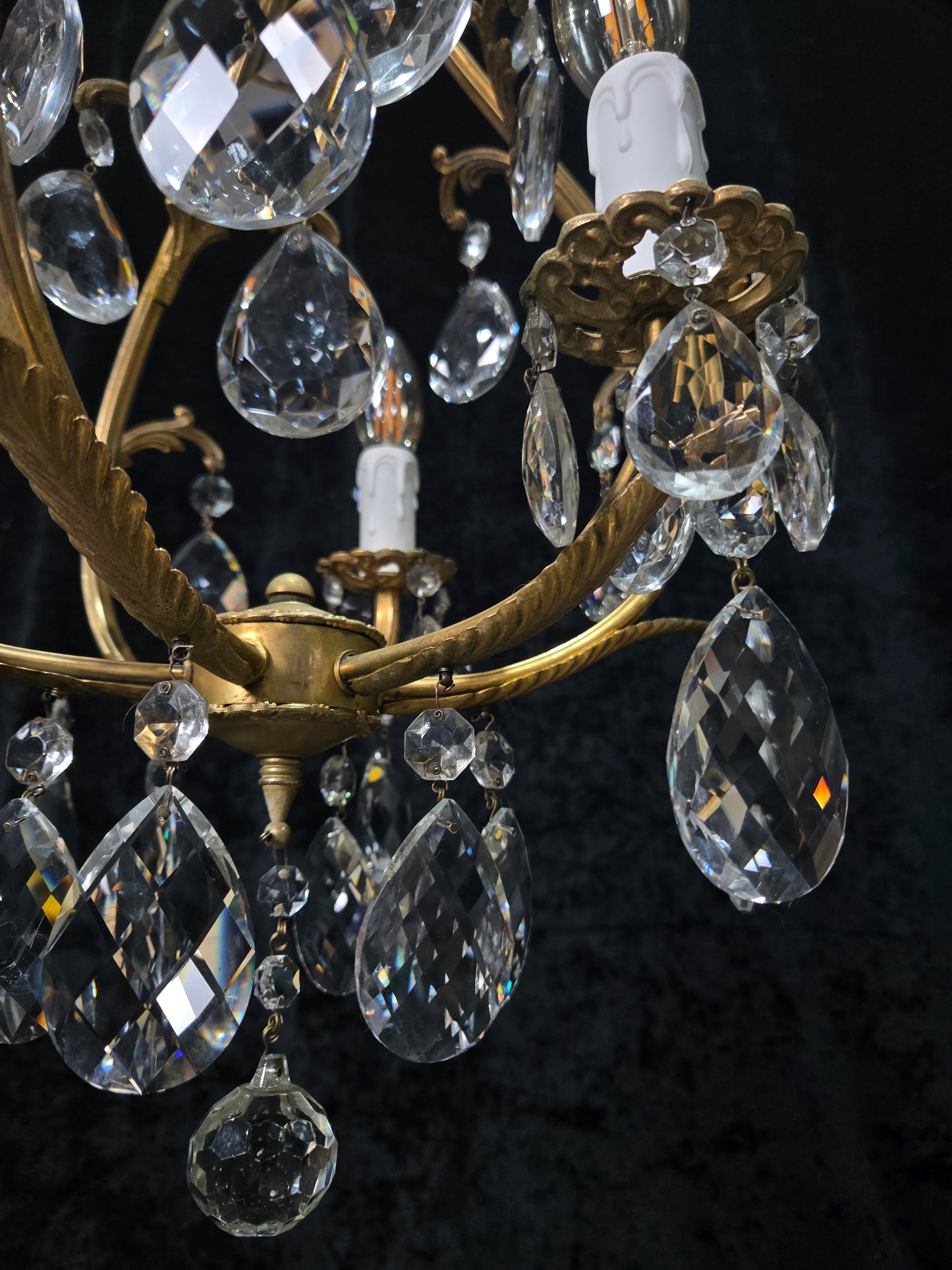 Beautiful Vintage Italian 3 Arm Brass Crystal Cage Chandelier Ceiling Light