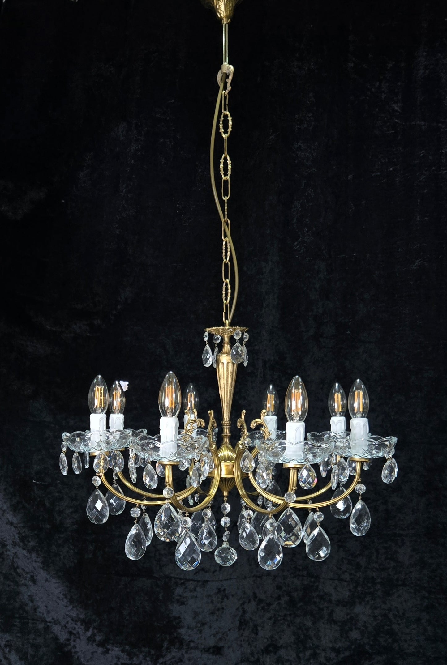 Beautiful Vintage Italian 8 Arm Brass Glass Crystal Chandelier Ceiling Light