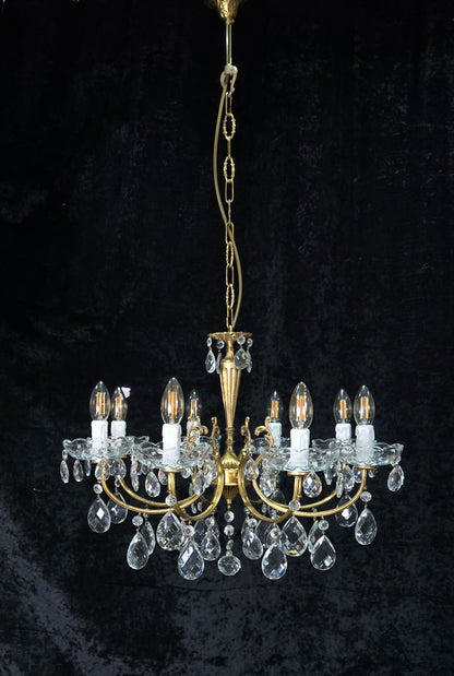 Beautiful Vintage Italian 8 Arm Brass Glass Crystal Chandelier Ceiling Light