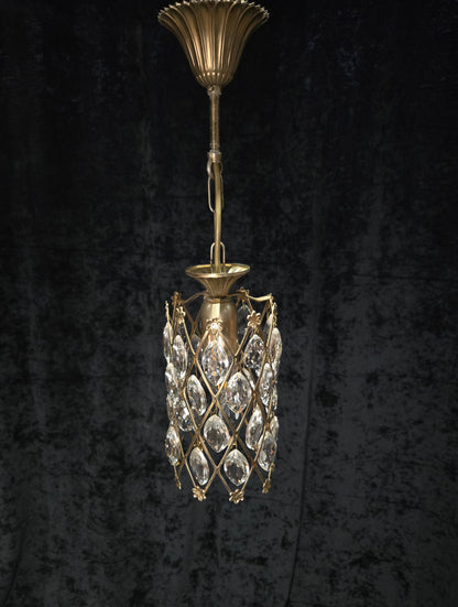 Unique Vintage Italian 1 Light Brass Small Cylinder Crystal Caged Chandelier