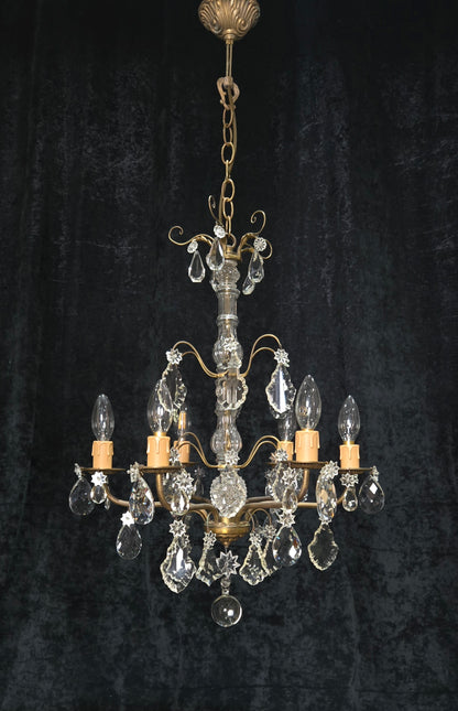 Beautiful Antique French 6 Arm Brass 3 Tier Crystal Chandelier Ceiling Light
