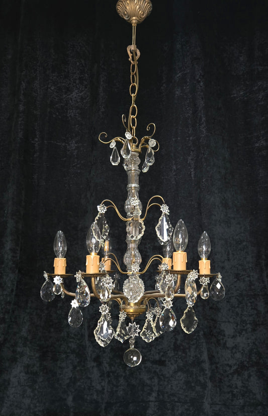 Beautiful Antique French 6 Arm Brass 3 Tier Crystal Chandelier Ceiling Light