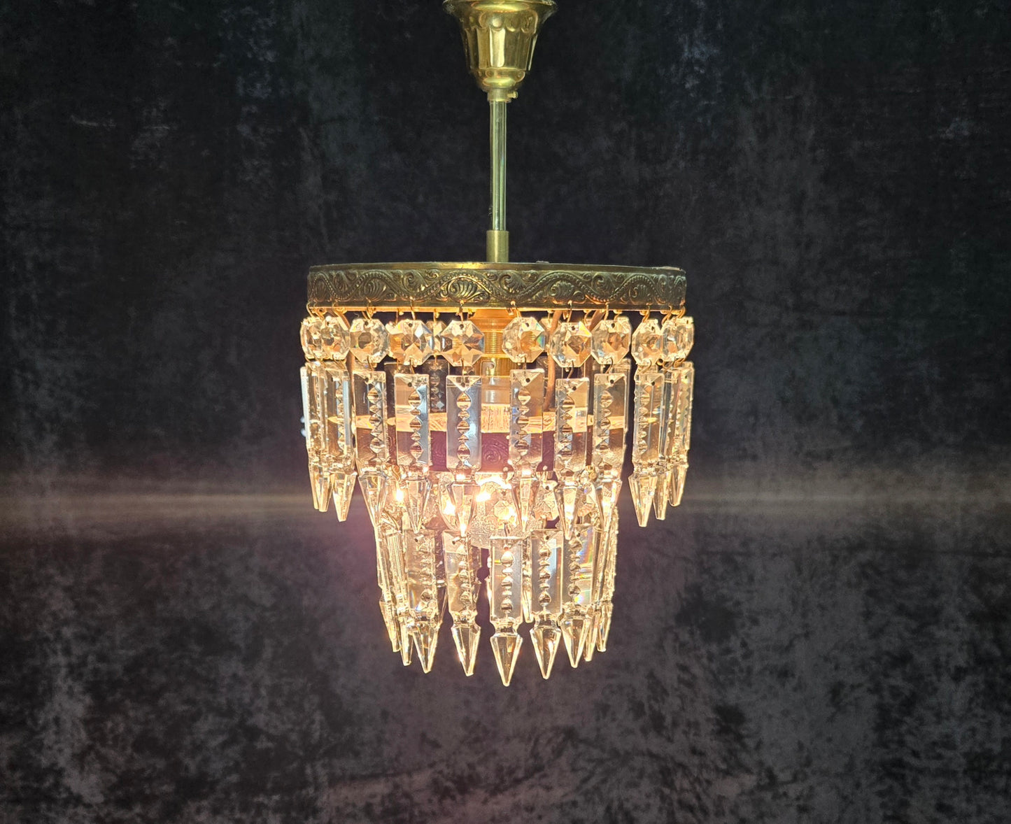 Beautiful Vintage French 2 Tier Waterfall Crystal Brass 1 Light Flush Chandelier