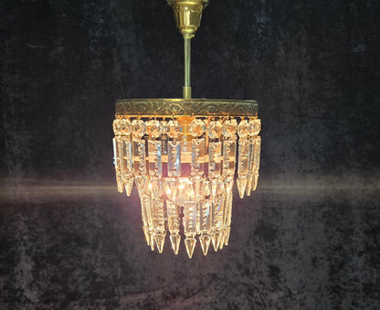 Beautiful Vintage French 2 Tier Waterfall Crystal Brass 1 Light Flush Chandelier