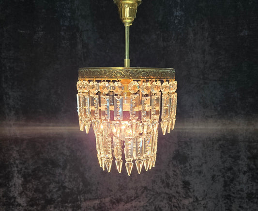 Beautiful Vintage French 2 Tier Waterfall Crystal Brass 1 Light Flush Chandelier