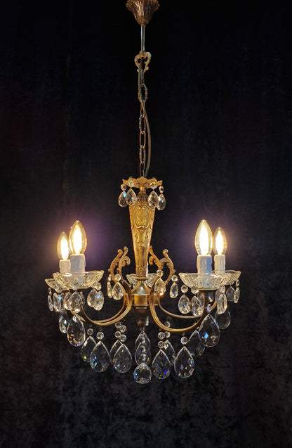 Lovely Elegant Vintage Italian 5 Arm Brass Crystal Chandelier Ceiling Light