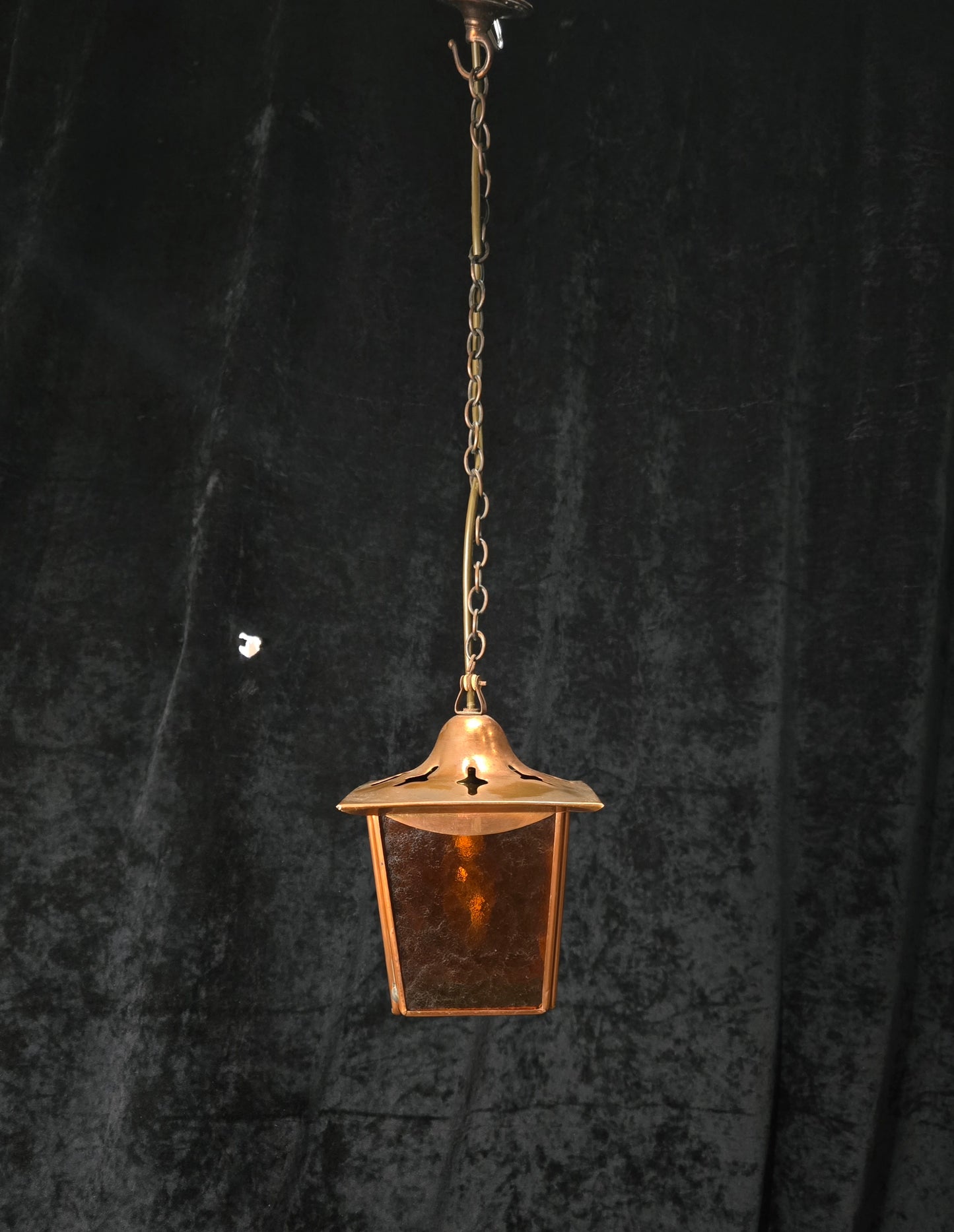 Lovely Vintage French Coloured Glass Copper Lantern Ceiling Light