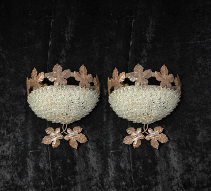 Fabulous Pair Vintage French Iron Murano Glass Basket Leaf Wall Lights Sconces