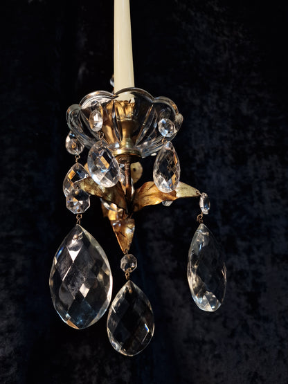 Stunning Pair Vintage Italian 1 Arm Florentine Toleware Candle Crystal Sconces