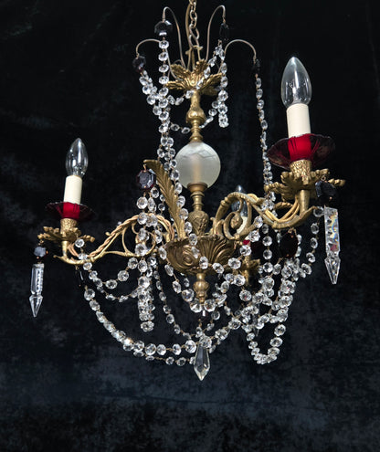 Stunning Antique French 3 Arm Glass Garnet Crystal Chandelier Ceiling Light