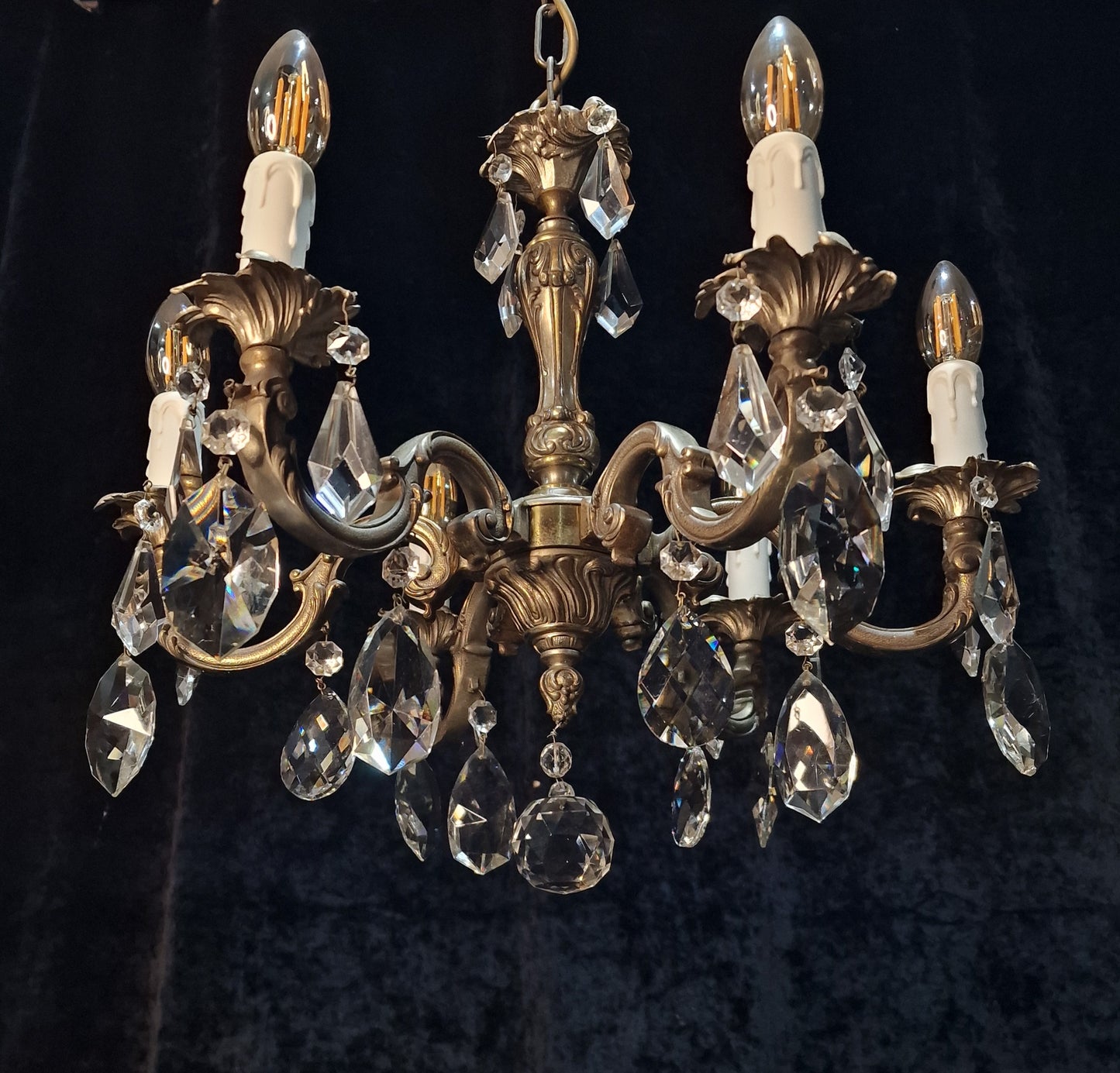 Beautiful Heavy Antique French Bronze Nickel Plated Crystal 6 Arm Chandelier