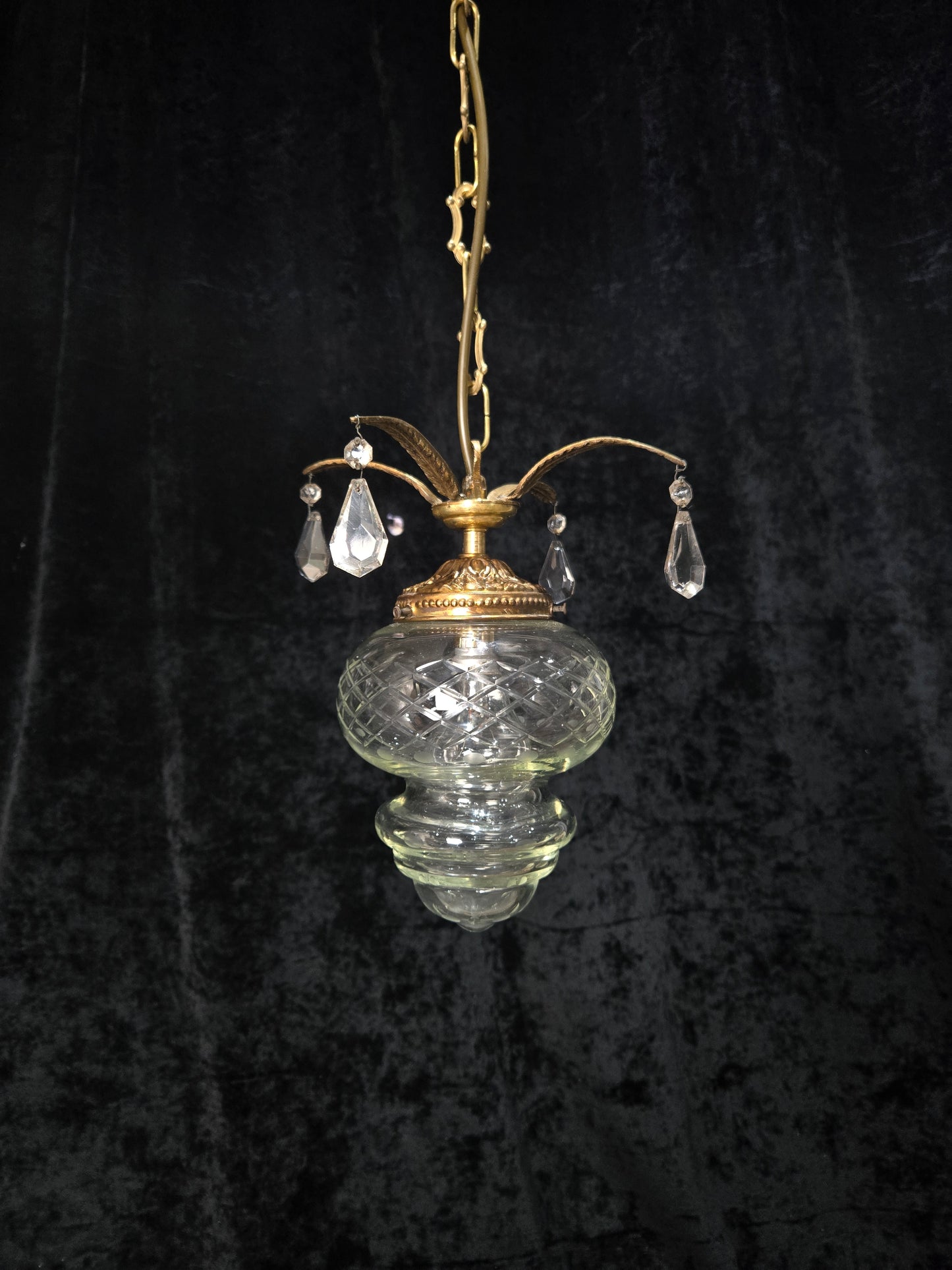 Lovely Vintage Clear Cut Glass Brass Crystal Leaf Hall Lantern Pendant Light