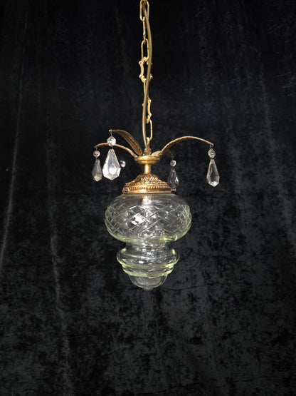 Lovely Vintage Clear Cut Glass Brass Crystal Leaf Hall Lantern Pendant Light