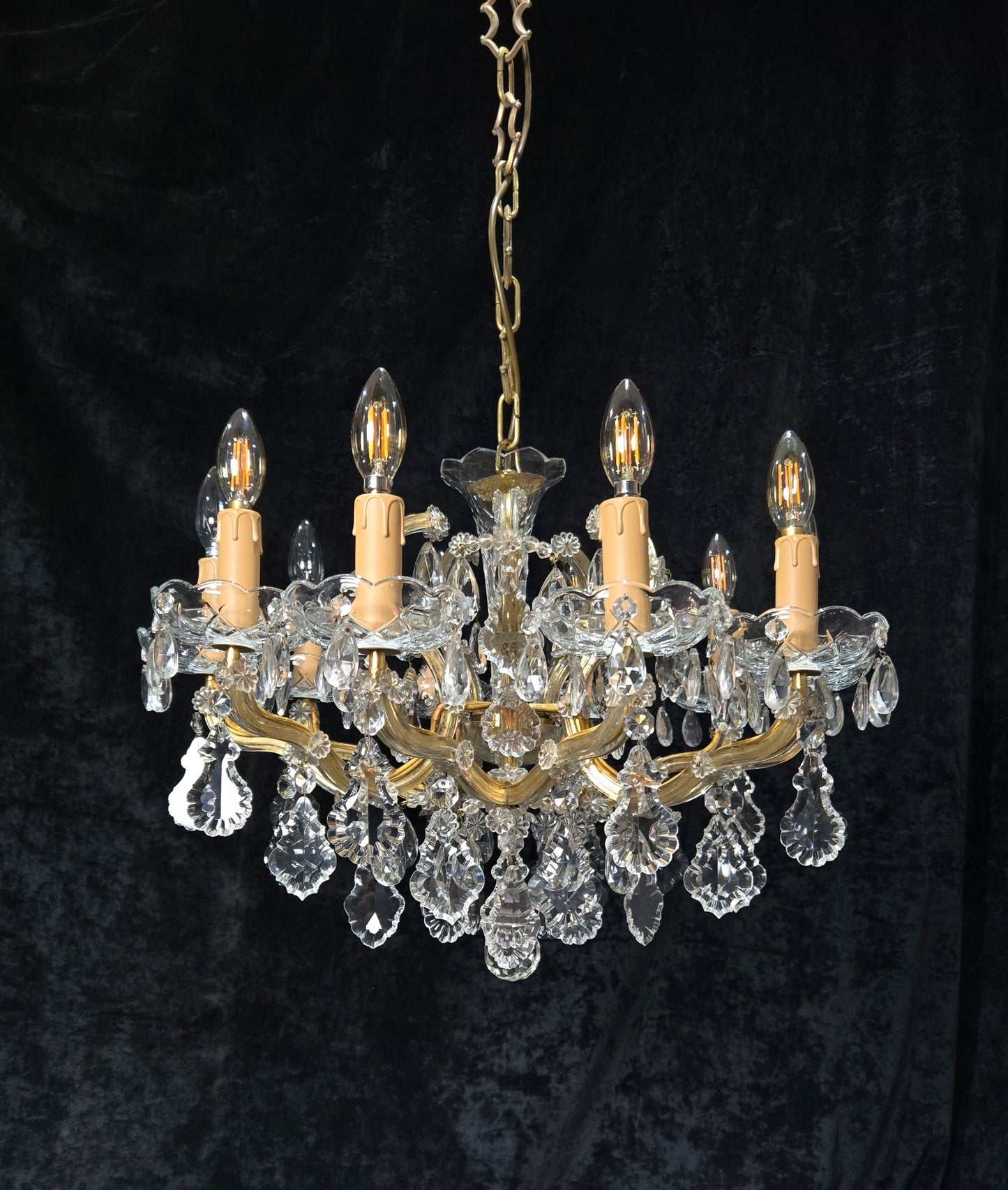 Stunning Vintage Made in Germany Marie Therese Crystal Brass 10 Light Chandelier