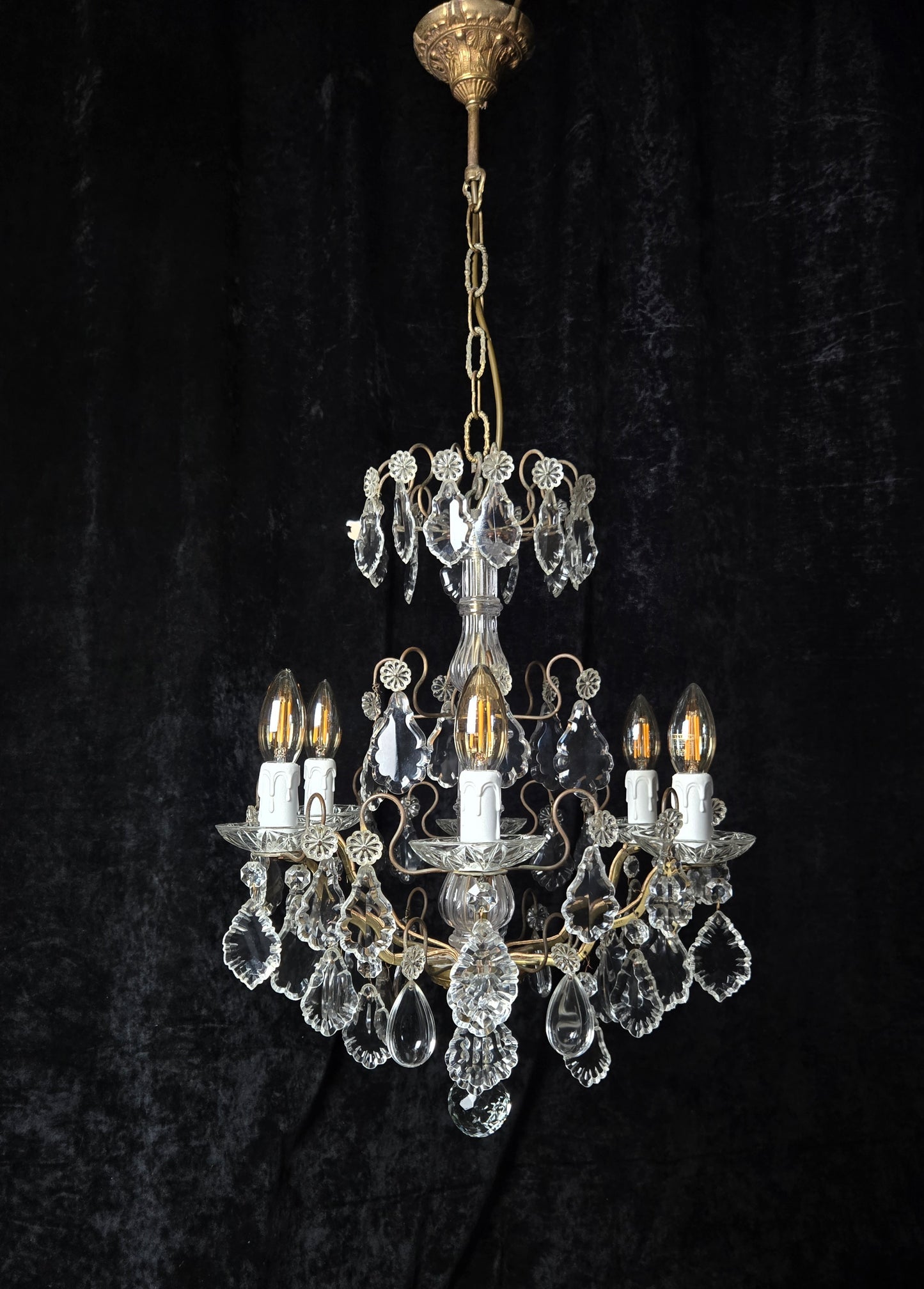 Fabulous Heavy Antique French 6 Arm Bronze Tiered Crystal Chandelier Light