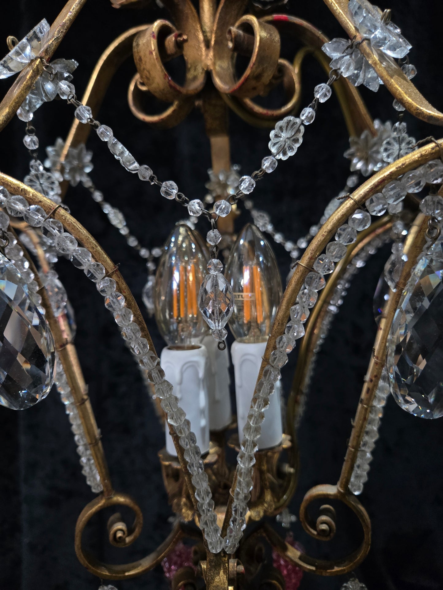 Fabulous Vintage Italian 3 Arm Caged Florentine Flower Crystal Chandelier Light