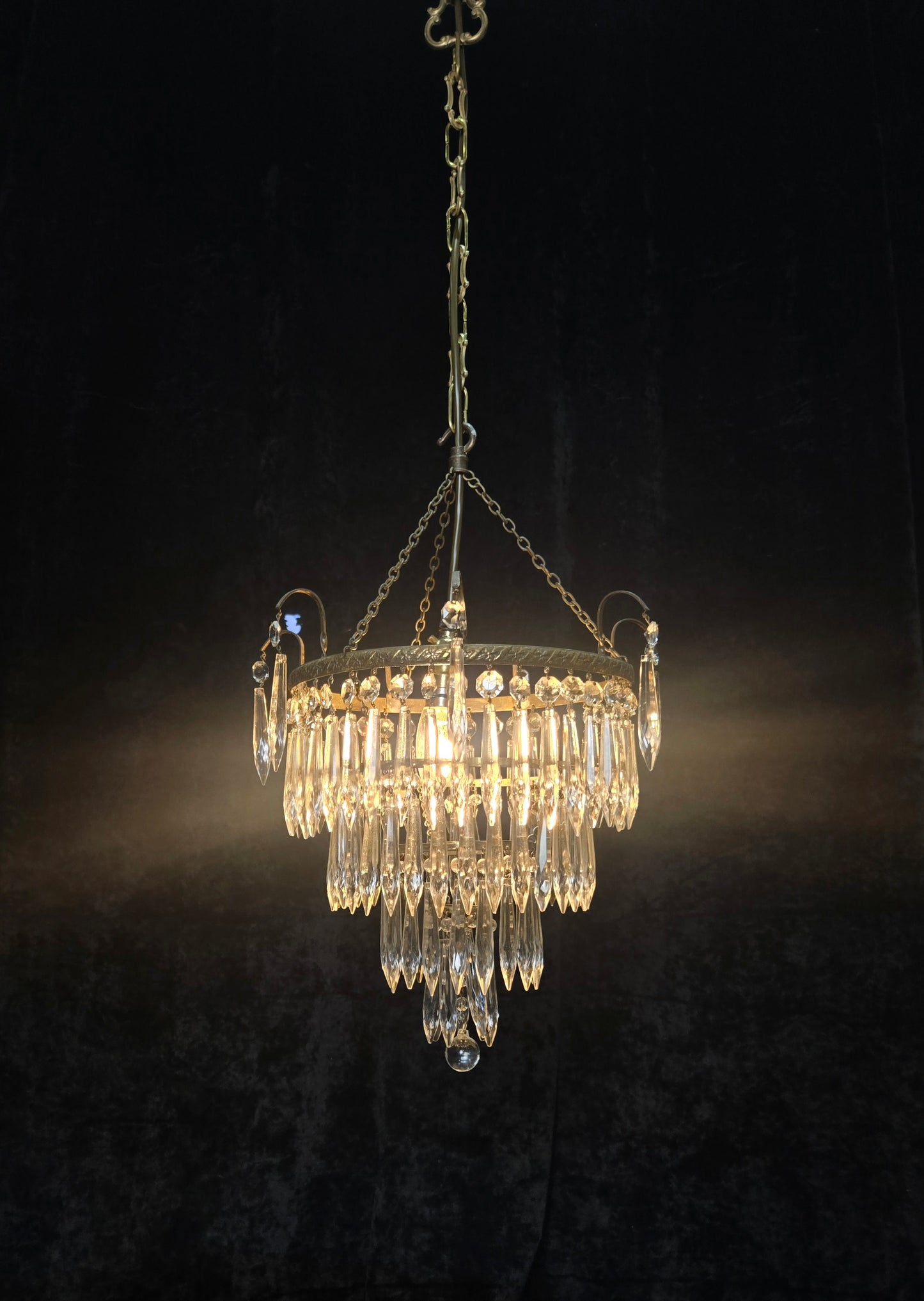 Fabulous Antique French Brass 4 Tier Waterfall Crystal Chandelier Ceiling Light
