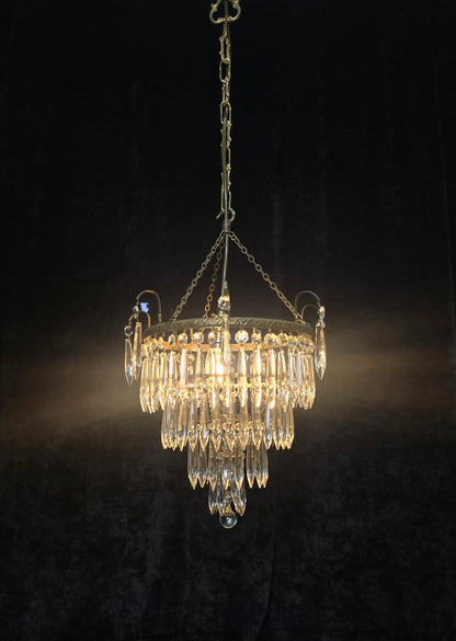 Fabulous Antique French Brass 4 Tier Waterfall Crystal Chandelier Ceiling Light