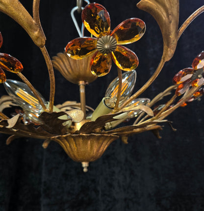 Beautiful Vintage Italian Banci 5 Light Gilded Toleware Flush Ceiling Chandelier