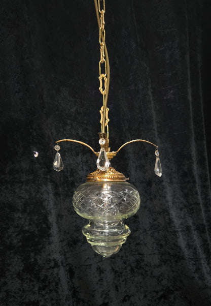 Lovely Vintage Clear Cut Glass Brass Crystal Leaf Hall Lantern Pendant Light