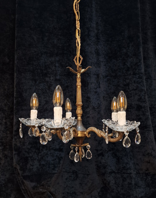 Lovely Vintage French 5 Arm Brass Crystal Chandelier Ceiling Light