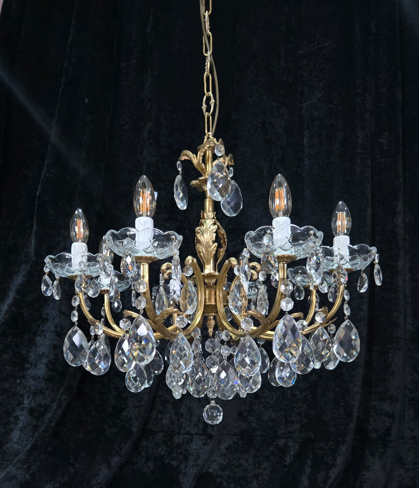 Beautiful Vintage Italian 8 Arm Brass Crystal Leaf Chandelier Ceiling Light