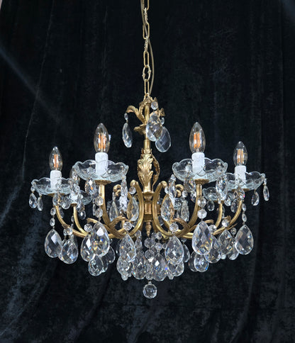 Beautiful Vintage Italian 8 Arm Brass Crystal Leaf Chandelier Ceiling Light