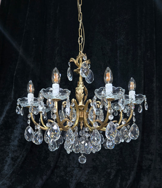 Beautiful Vintage Italian 8 Arm Brass Crystal Leaf Chandelier Ceiling Light