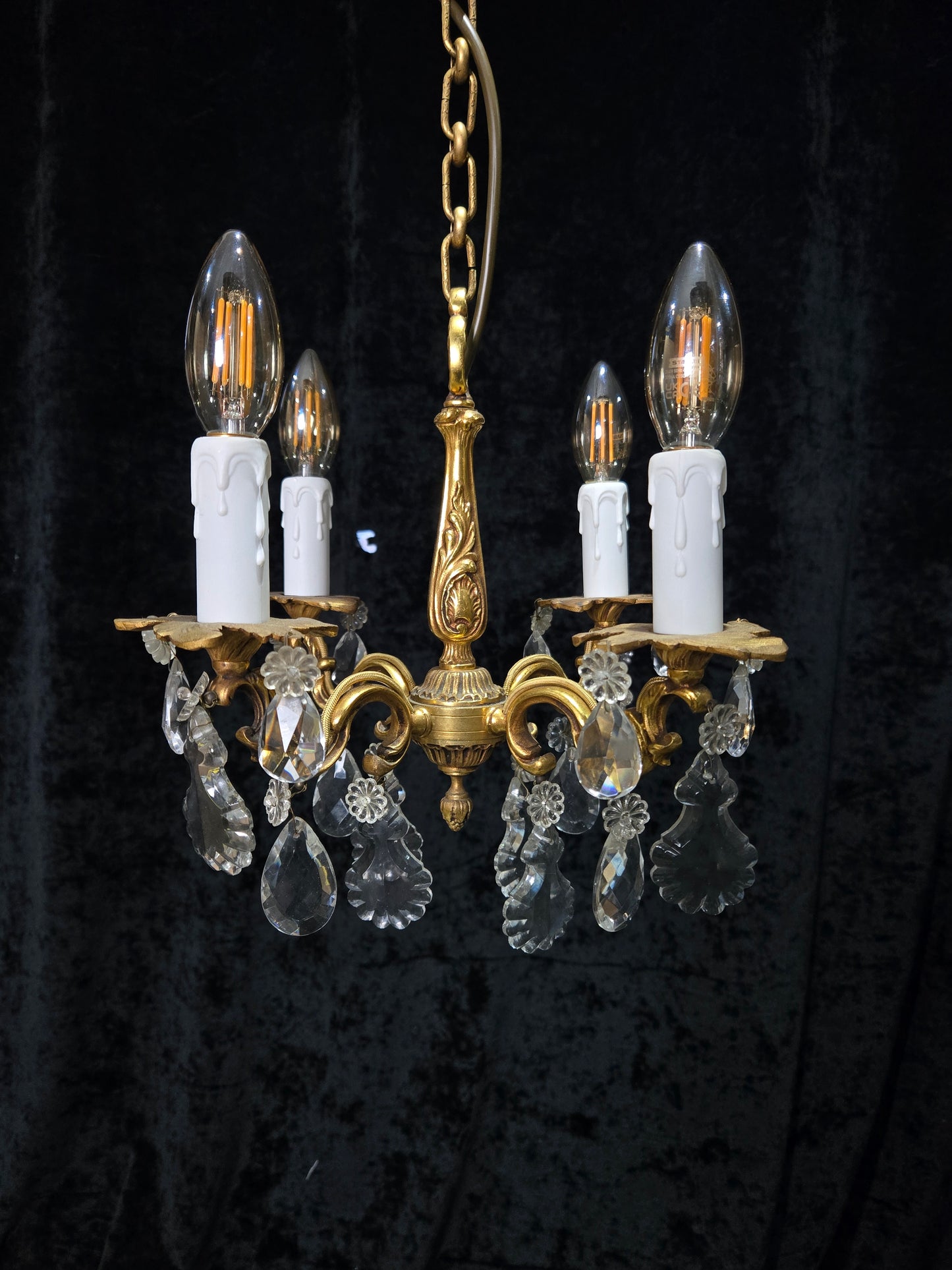 Beautiful Antique Petite French 4 Arm Bronze Brass Crystal Chandelier Light