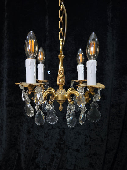 Beautiful Antique Petite French 4 Arm Bronze Brass Crystal Chandelier Light