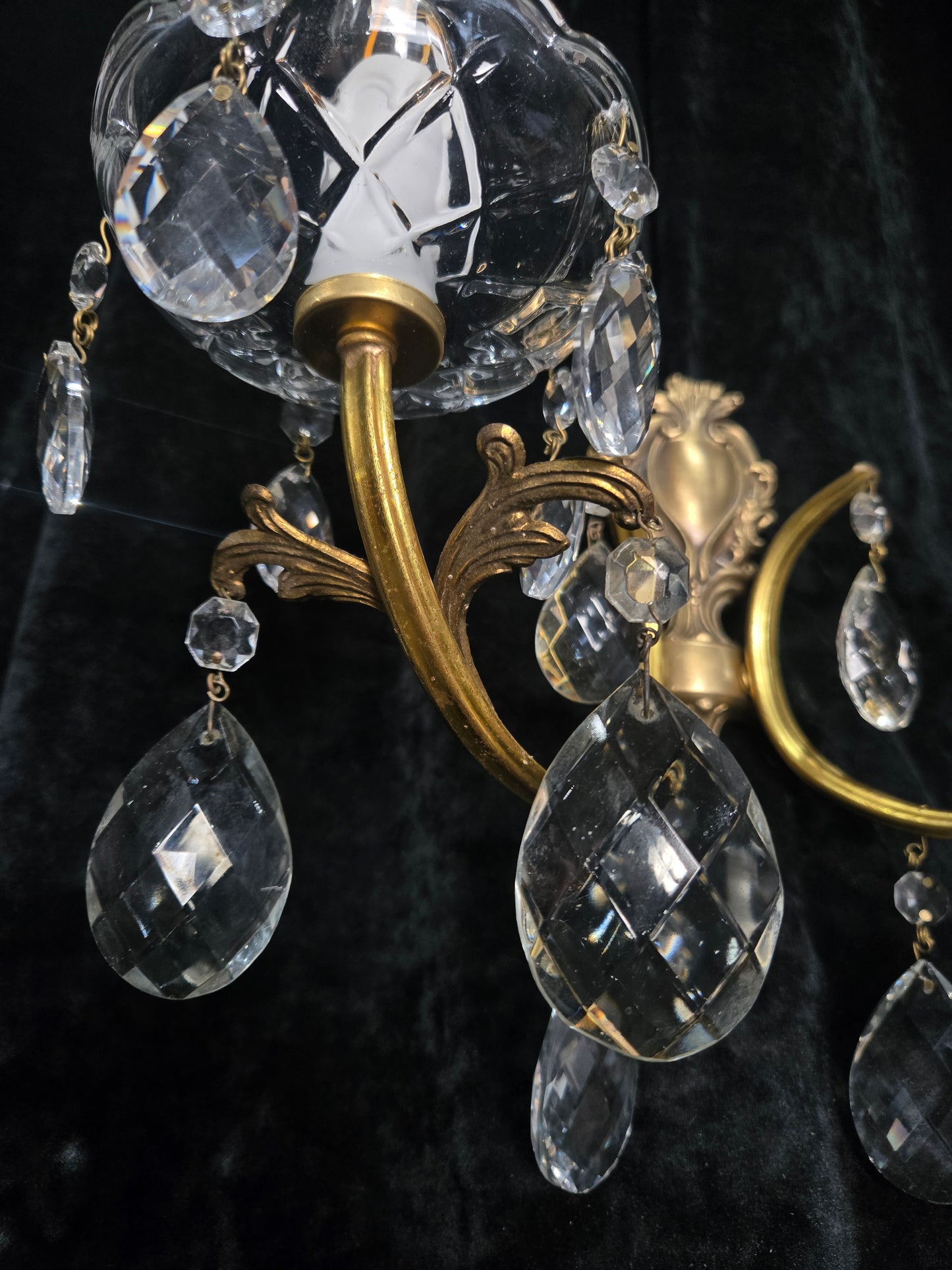 Lovely Pair of Vintage French 2 Arm Brass Leaf Crystal Wall Lights Sconces
