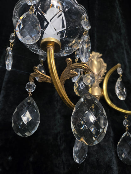 Lovely Pair of Vintage French 2 Arm Brass Leaf Crystal Wall Lights Sconces