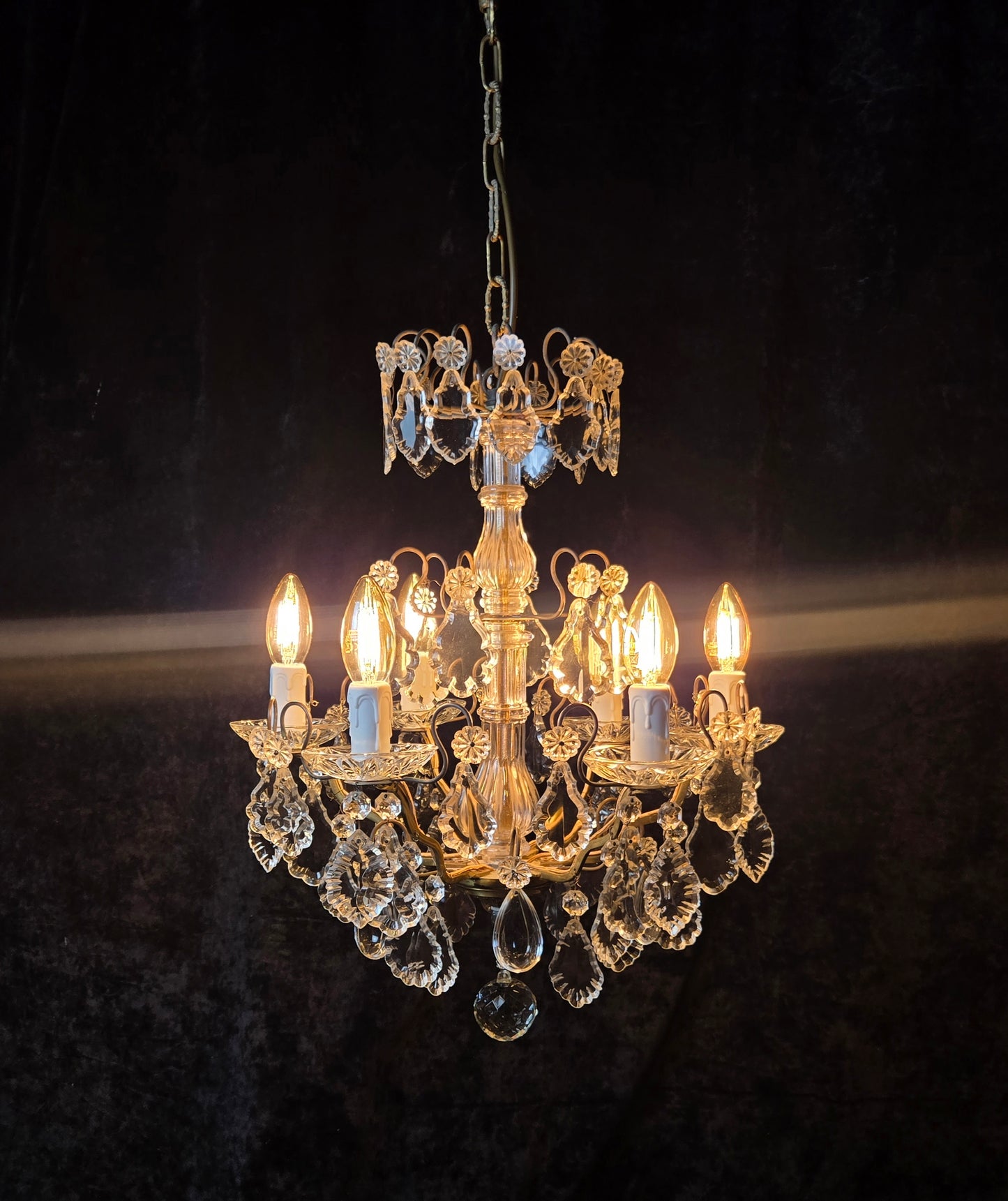 Fabulous Heavy Antique French 6 Arm Bronze Tiered Crystal Chandelier Light