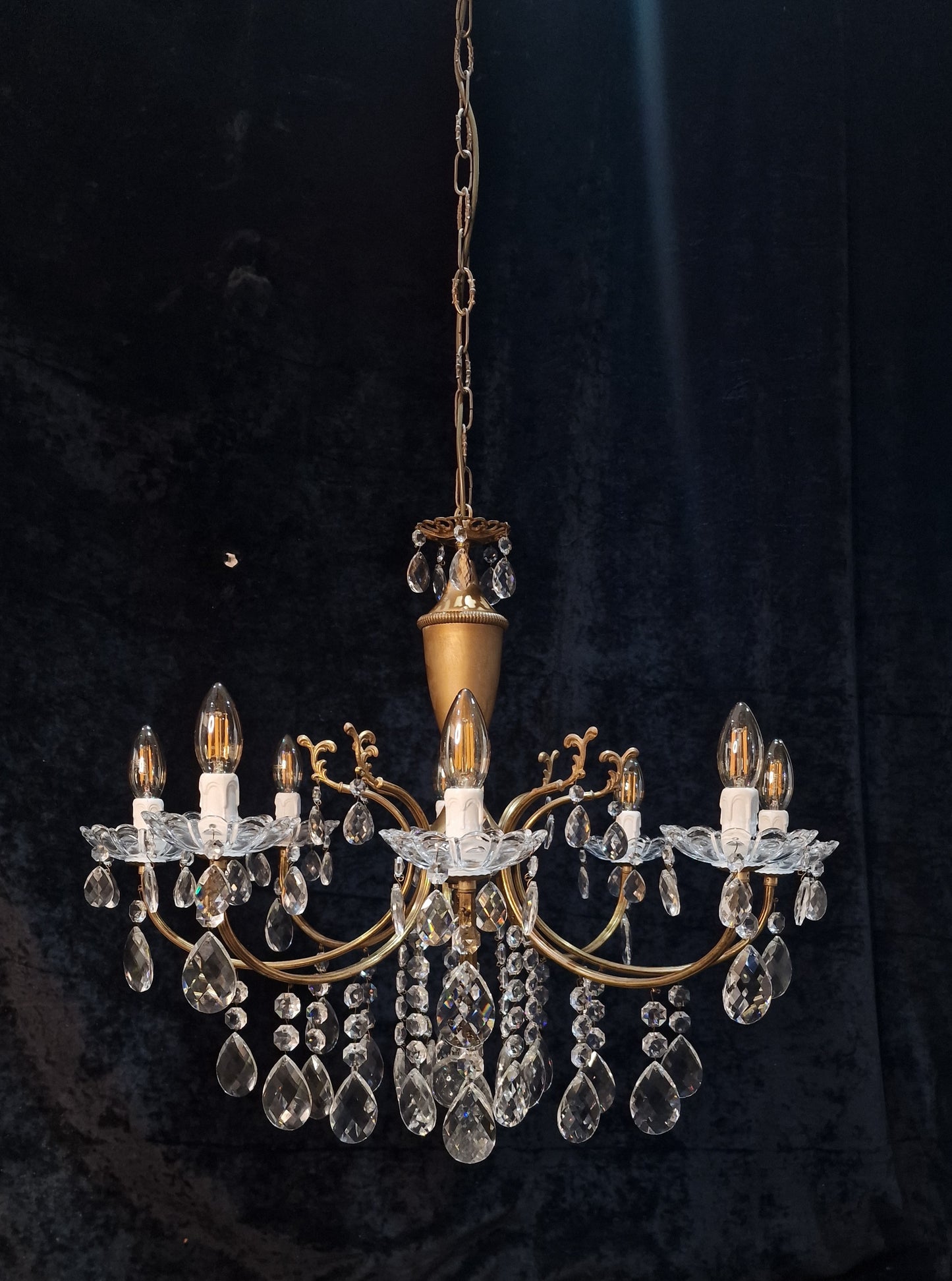 Fabulous Vintage Italian 8 Arm Brass and Crystal Leaf Chandelier Ceiling Light