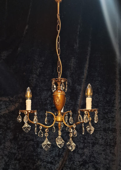 Lovely Vintage Italian 3 Arm Brass Crystal Leaf Chandelier Ceiling Light