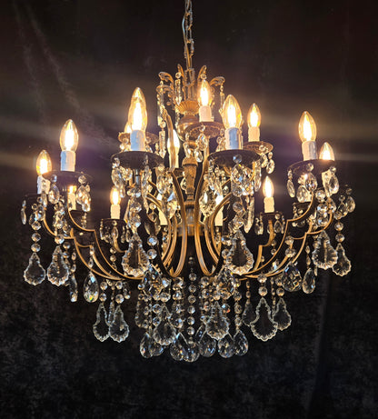 Fabulous Large Vintage Italian 12 Arm 18 Light Brass Crystal Leaf Chandelier