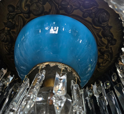 Exceptional Antique French Late 1800s 9 Arm Brass Blue Glass Crystal Chandelier