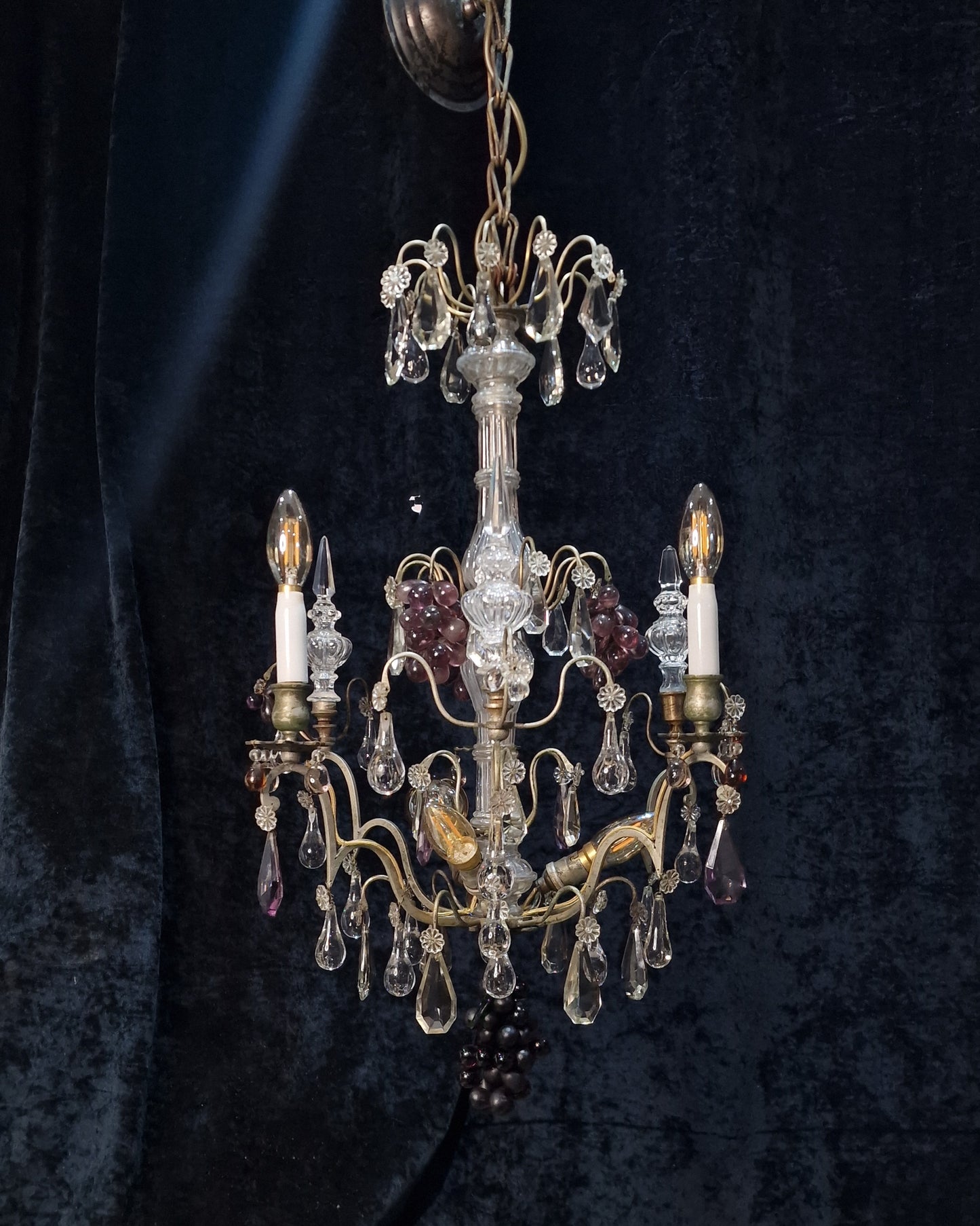 Exceptional Antique French 6 Light Murano Grape Crystal Solid Brass Chandelier