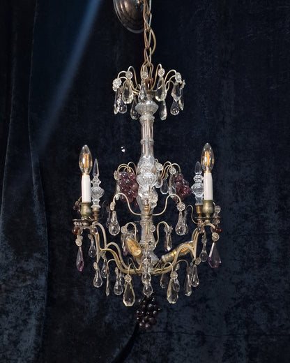 Exceptional Antique French 6 Light Murano Grape Crystal Solid Brass Chandelier