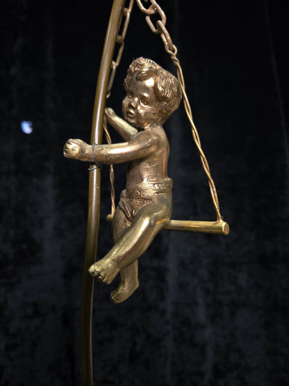 Beautiful Petite Vintage French Brass Cherub Crystal Chandelier Ceiling Light